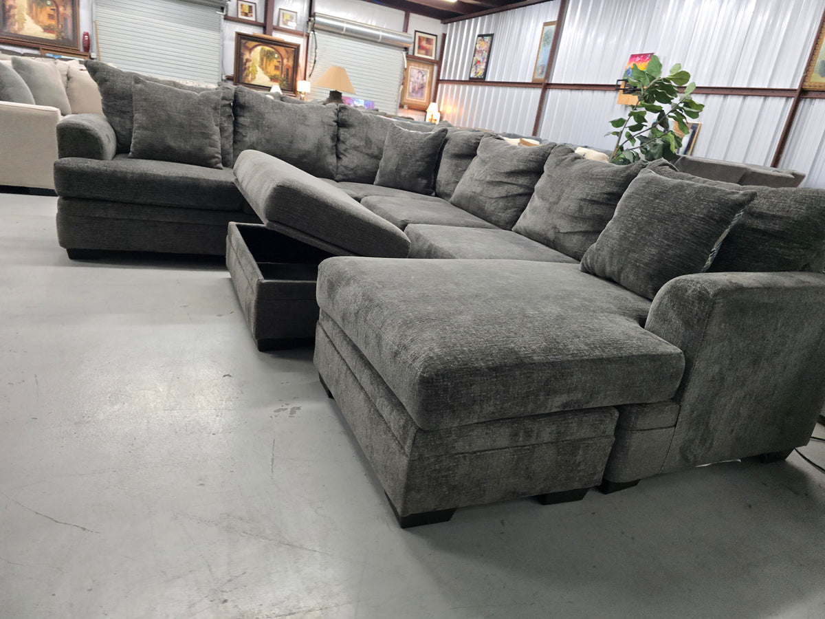 Gray U-Shaped Sectional Couch with Storage Ottoman - D115