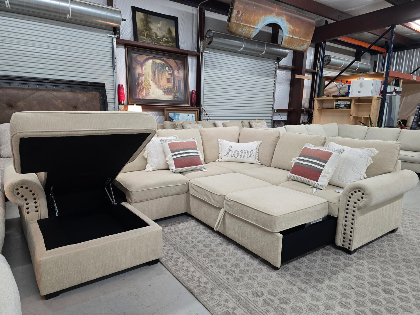 Beige U-Shaped Sleeper Sectional with Storage Chaise