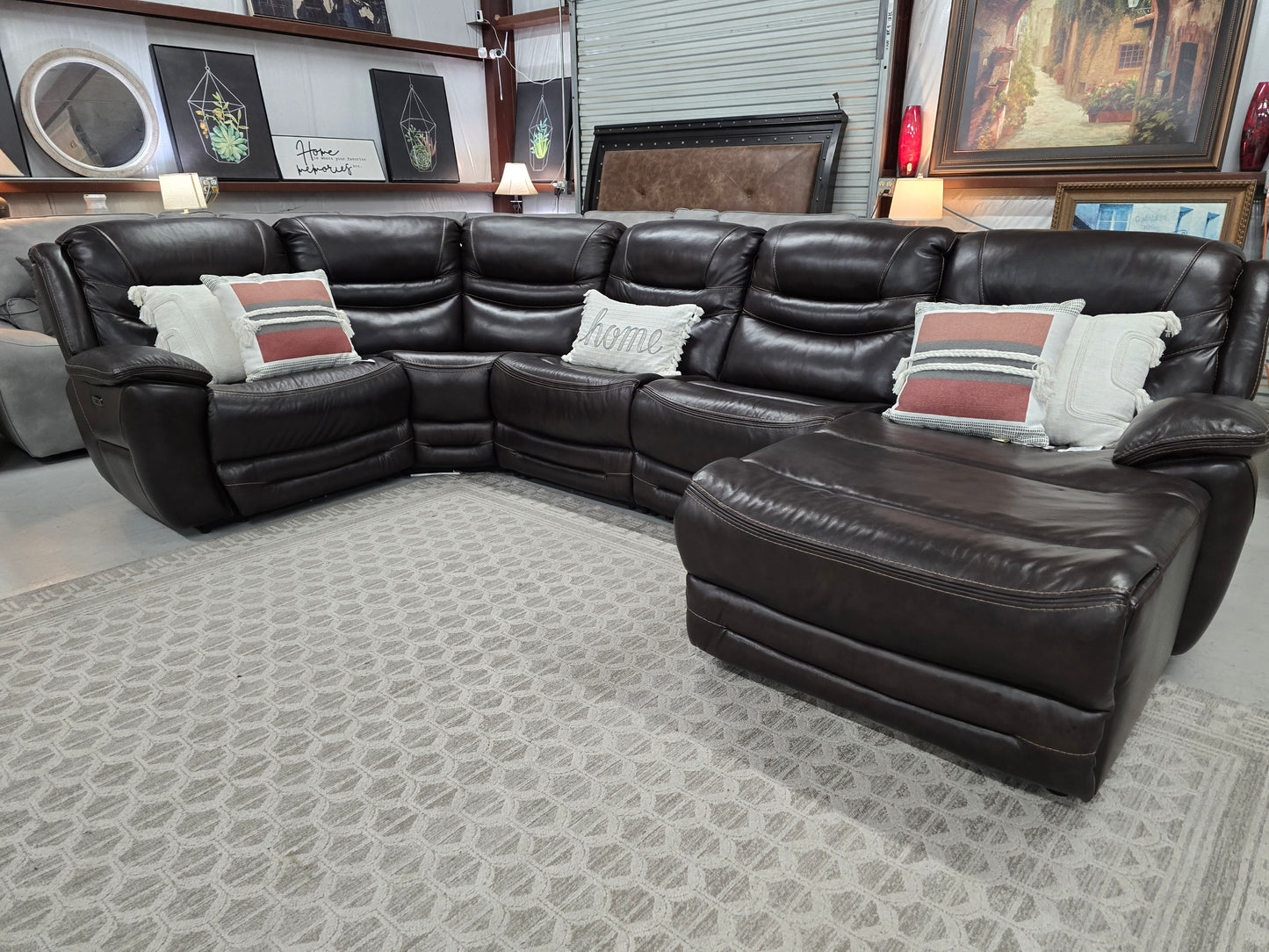 Brown Power Reclining Leather Sectional Couch with Chaise Lounge