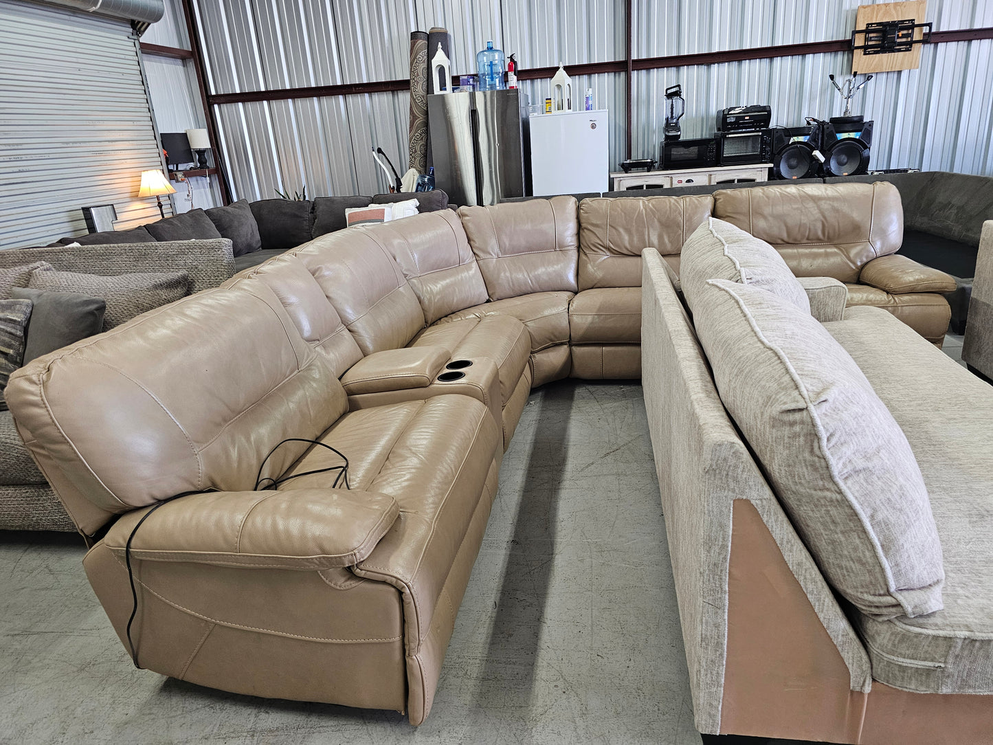 Beige Power Reclining Leather Sectional Couch with 3 Recliners - D25