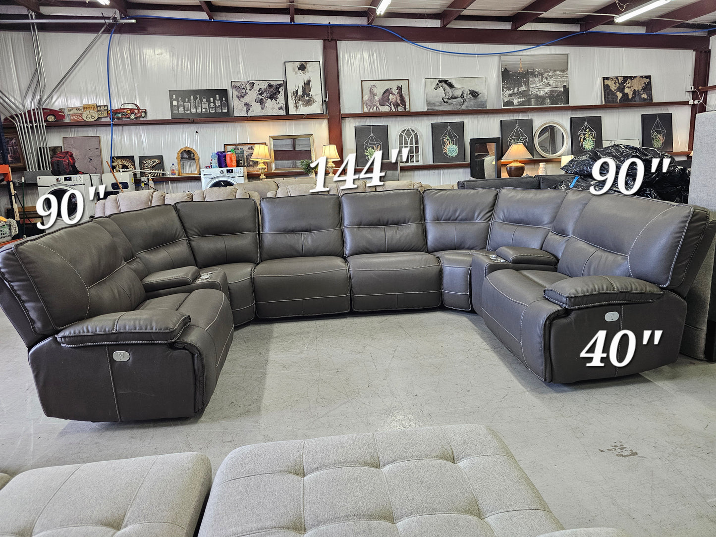 Massive Gray Leather 8PC Power Reclining Living Spaces Sectional - D77
