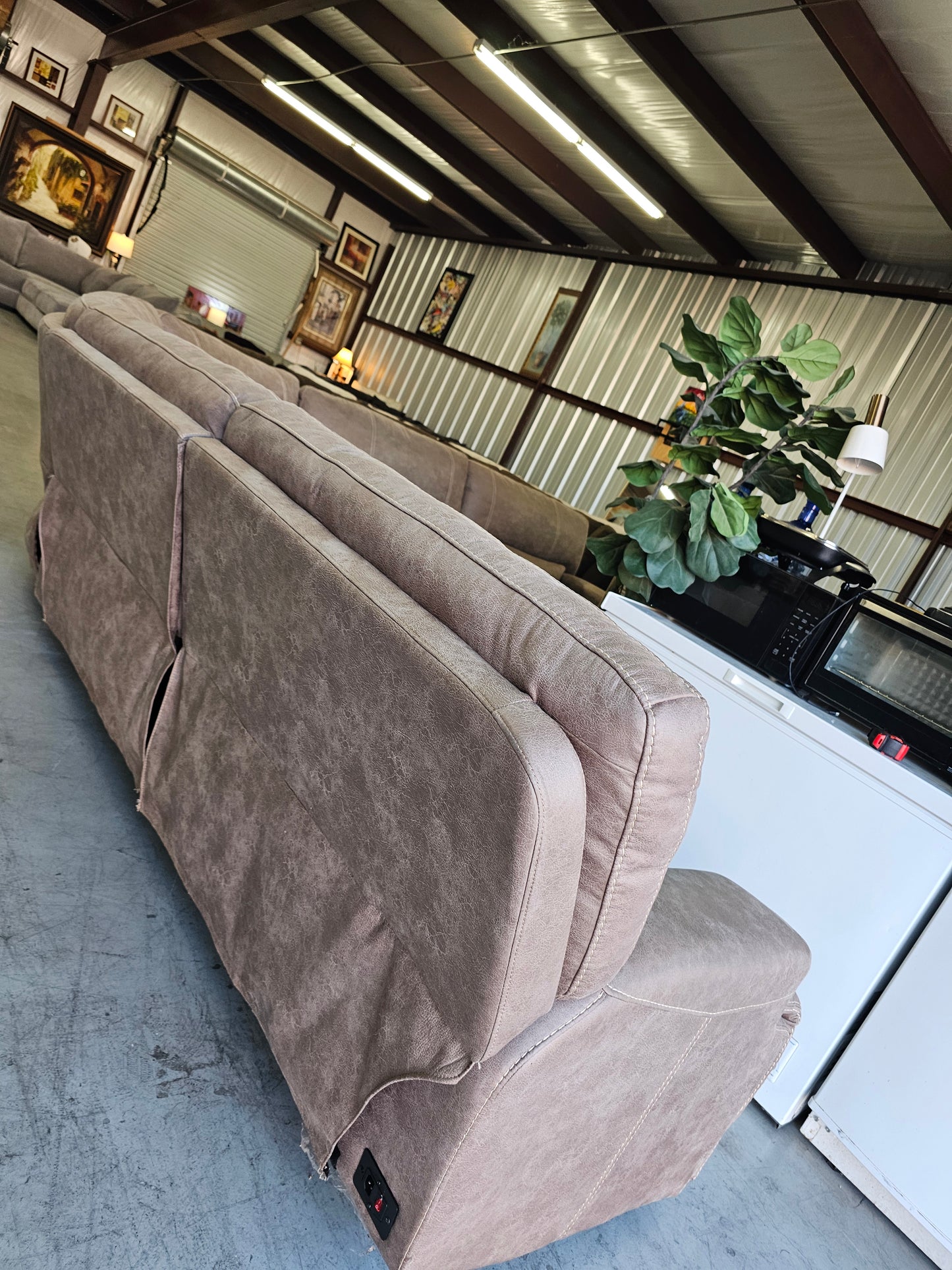 Power Reclining Tan Sectional with 4 Large Recliners & Corner Seat - D96