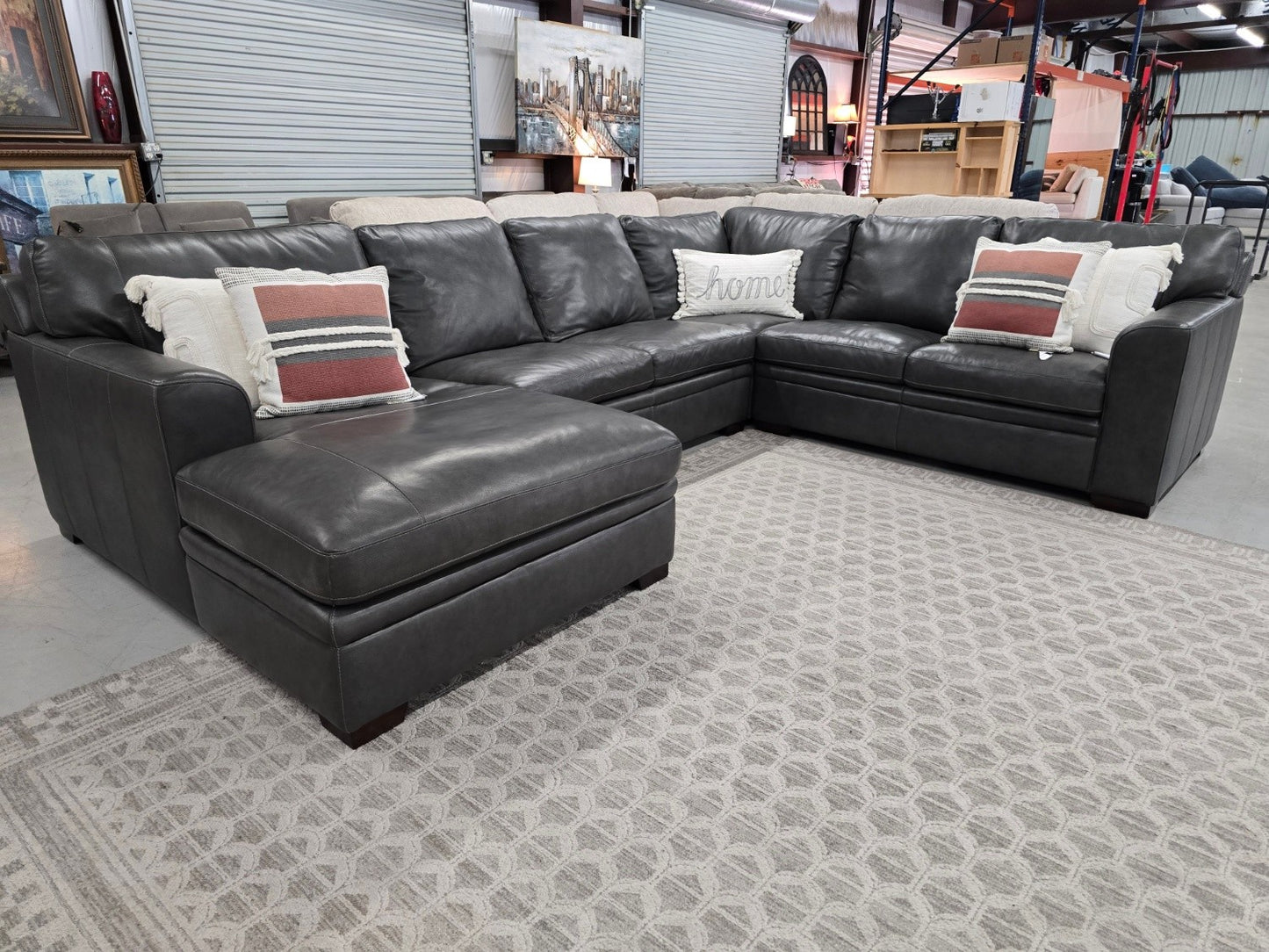 Greer Dark Grey Natural Leather 4 Piece 166" Modular U-Shaped Sectional With Left Arm Facing Chaise & Armless Sofa | Deep Seated.. π GET IT DELIVERED TODAY! π
