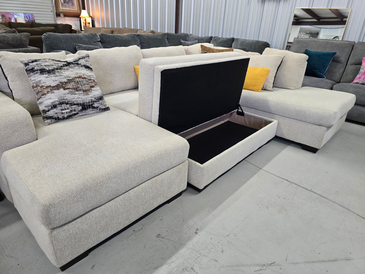 Beige U-Shaped Sectional Couch with Double Chaise & Storage Ottoman - D112