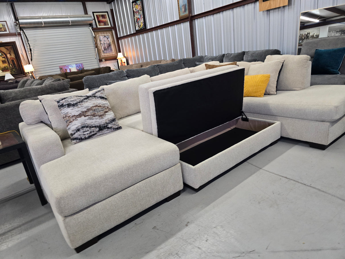Beige U-Shaped Sectional Couch with Double Chaise & Storage Ottoman - D112