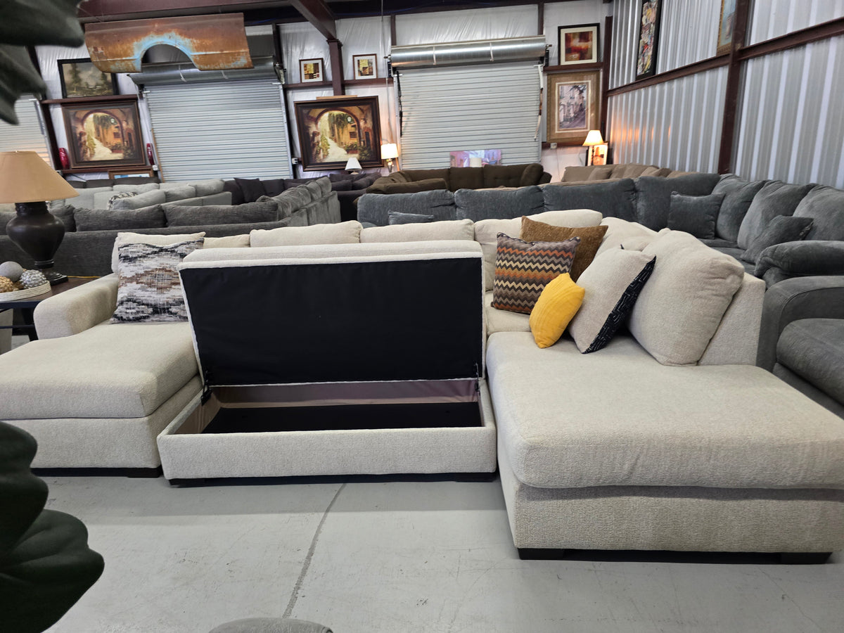 Beige U-Shaped Sectional Couch with Double Chaise & Storage Ottoman - D112