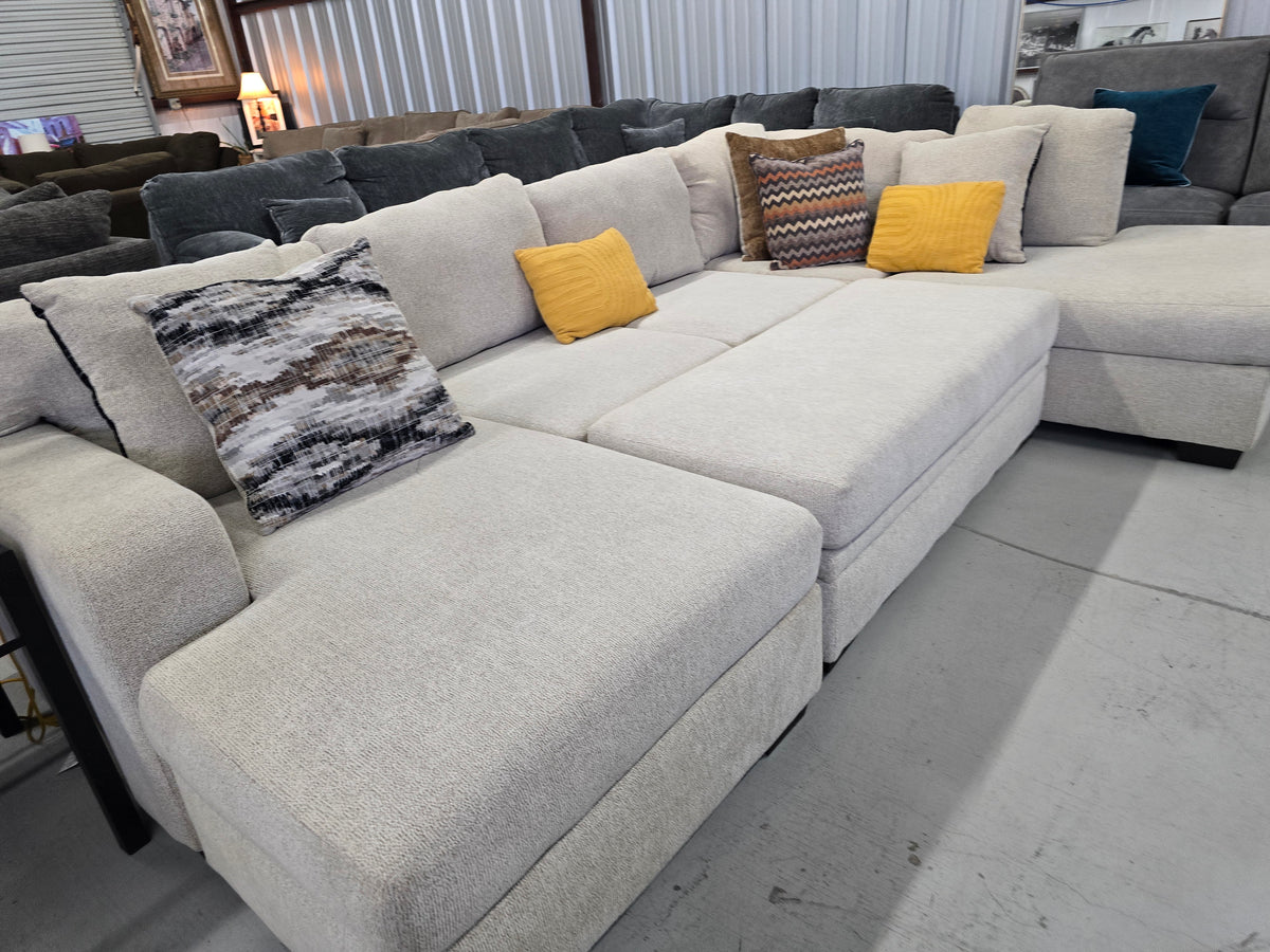 Beige U-Shaped Sectional Couch with Double Chaise & Storage Ottoman - D112