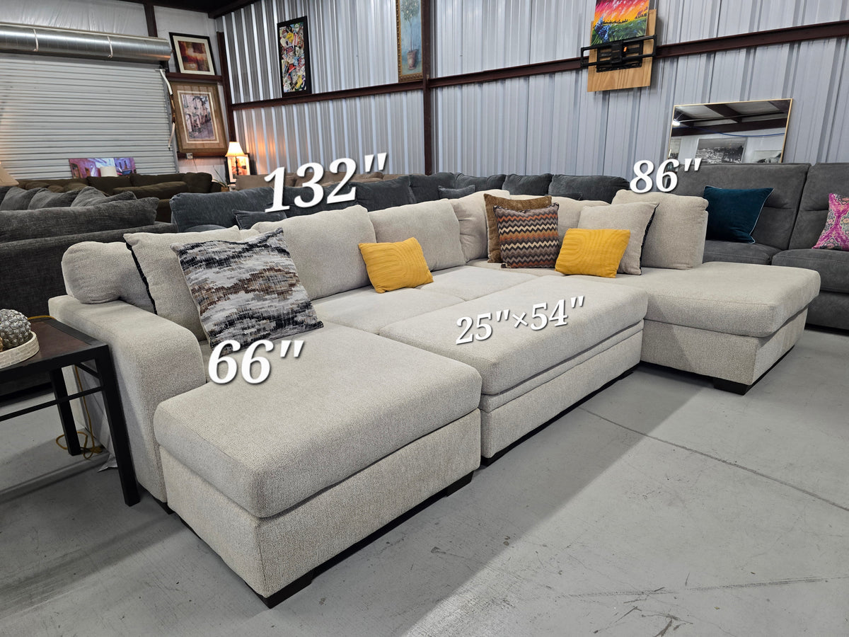 Beige U-Shaped Sectional Couch with Double Chaise & Storage Ottoman - D112