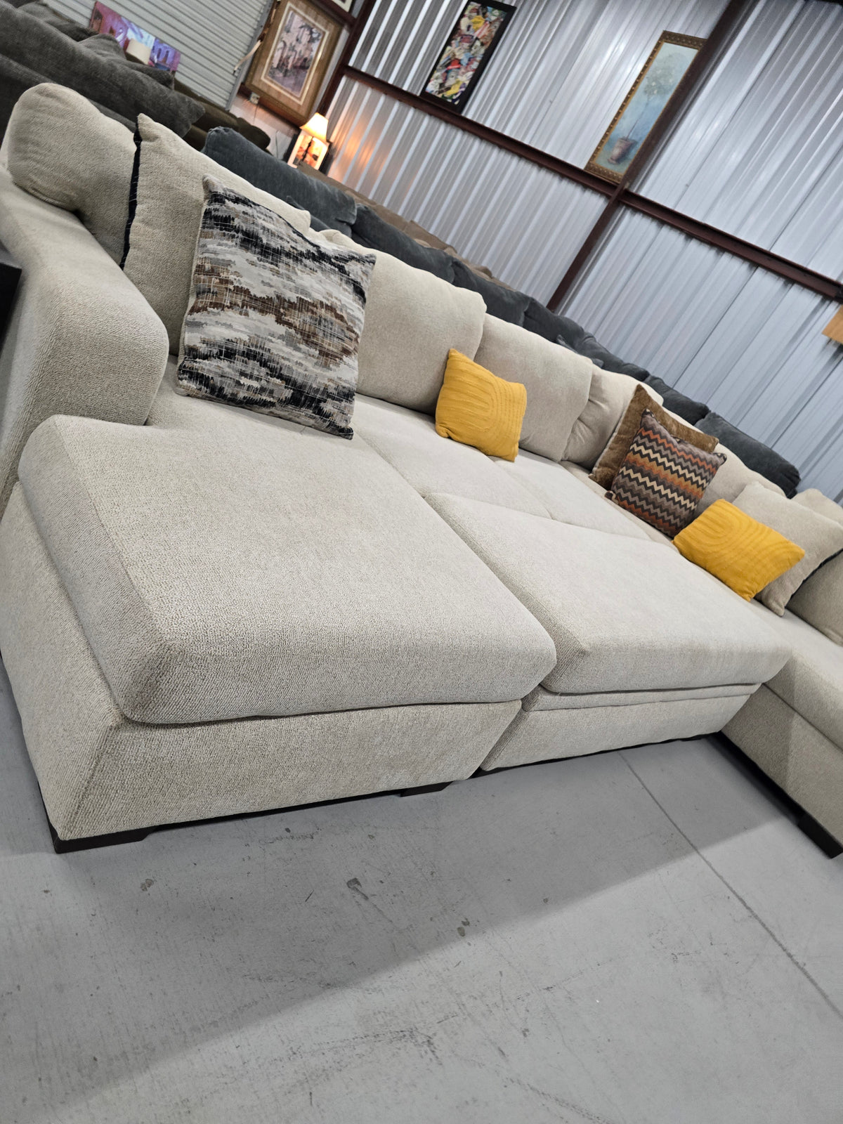 Beige U-Shaped Sectional Couch with Double Chaise & Storage Ottoman - D112