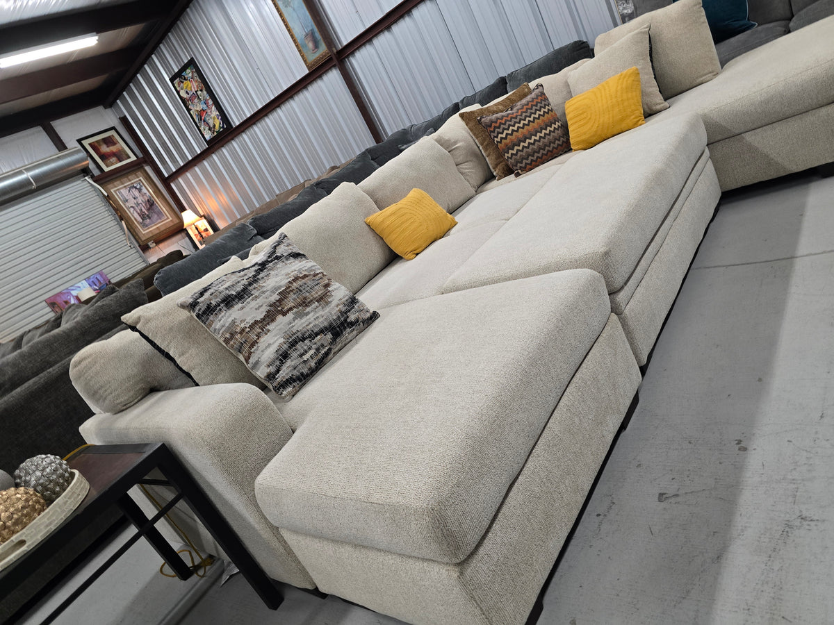 Beige U-Shaped Sectional Couch with Double Chaise & Storage Ottoman - D112