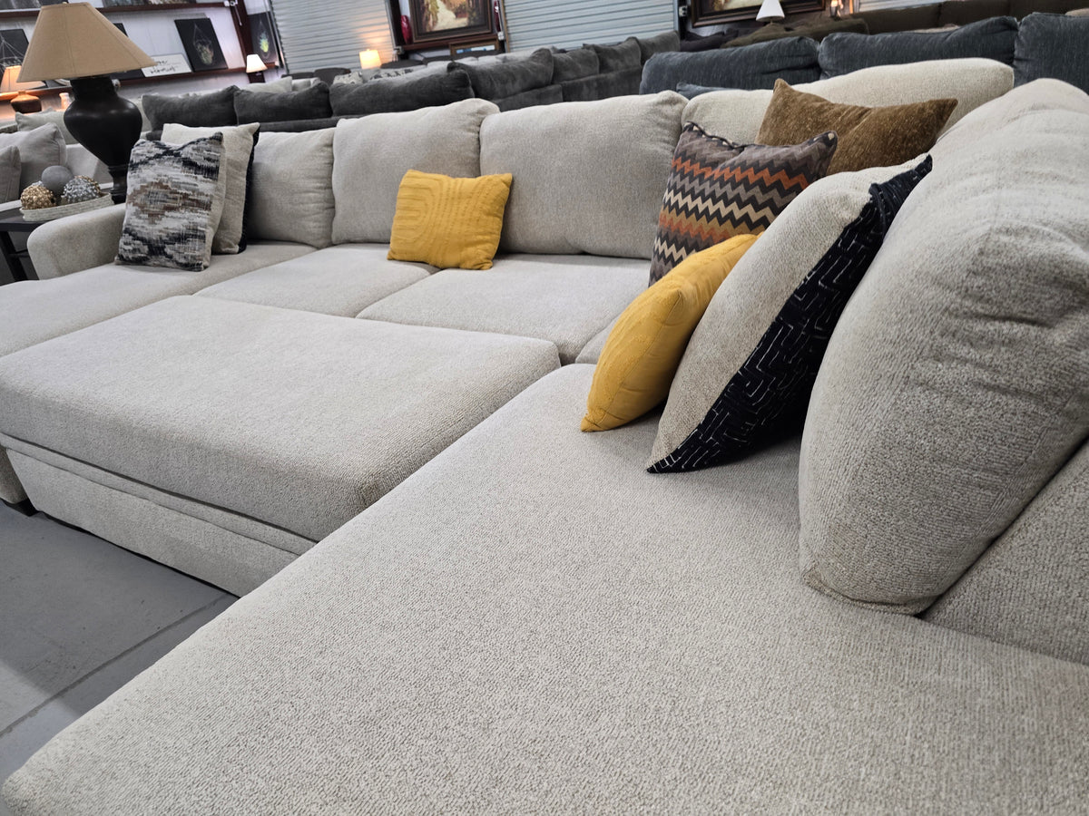 Beige U-Shaped Sectional Couch with Double Chaise & Storage Ottoman - D112