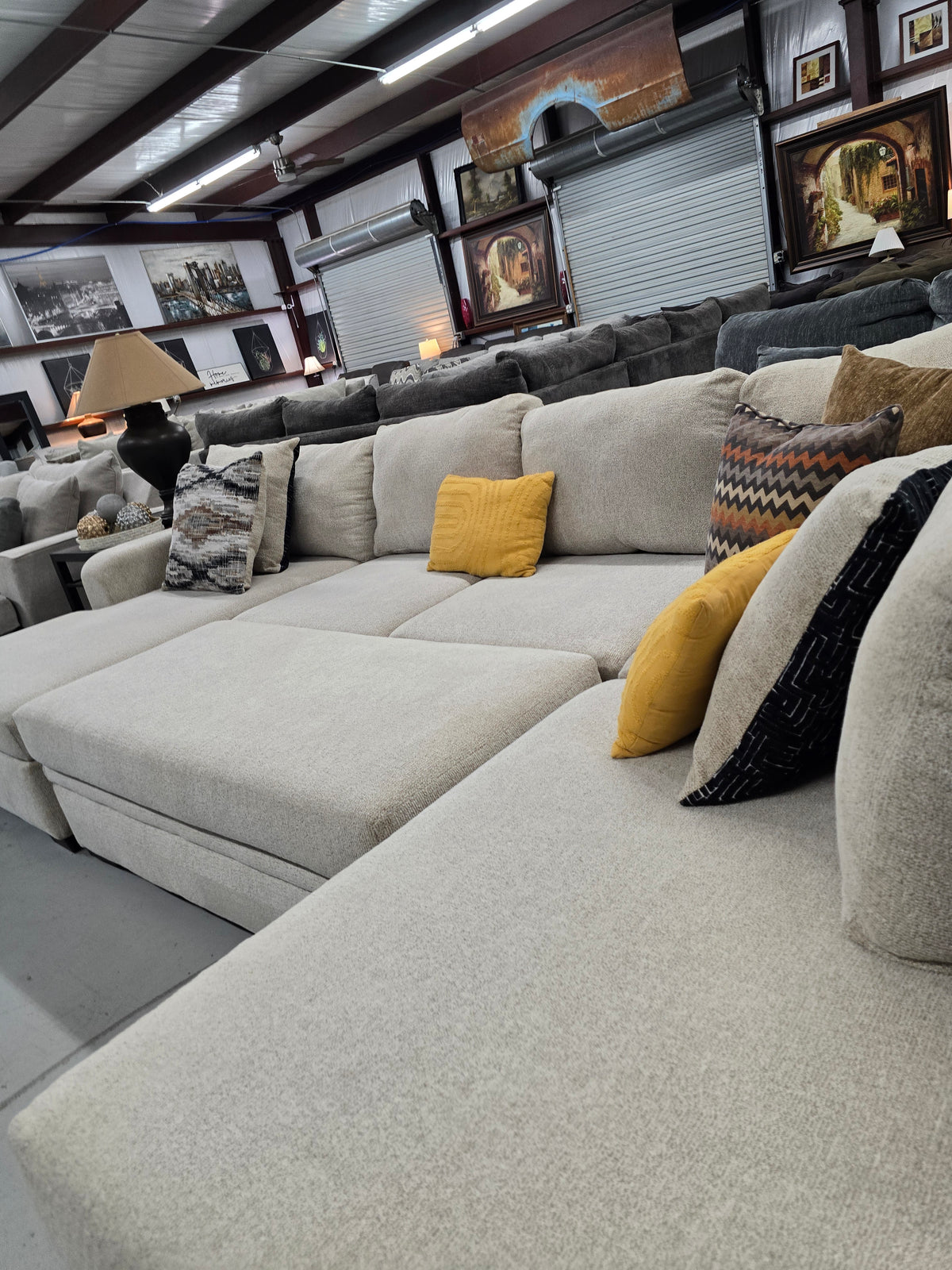 Beige U-Shaped Sectional Couch with Double Chaise & Storage Ottoman - D112