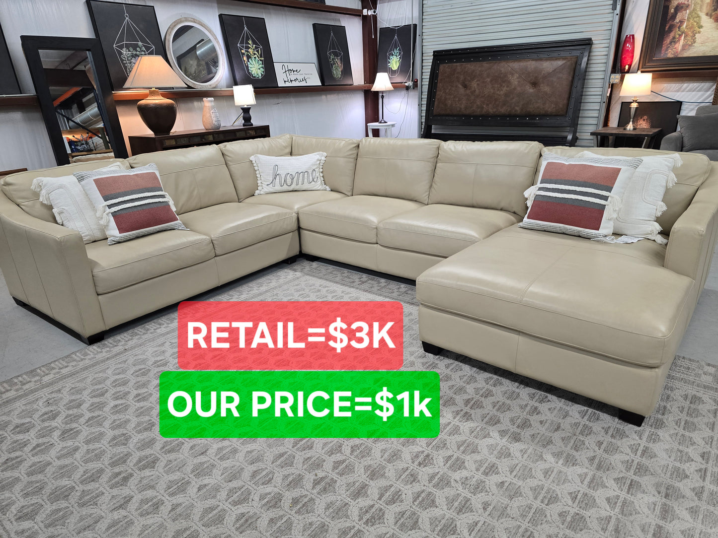 🔥 Beige Leather Chaise Sectional – SAME-DAY DELIVERY 🚚