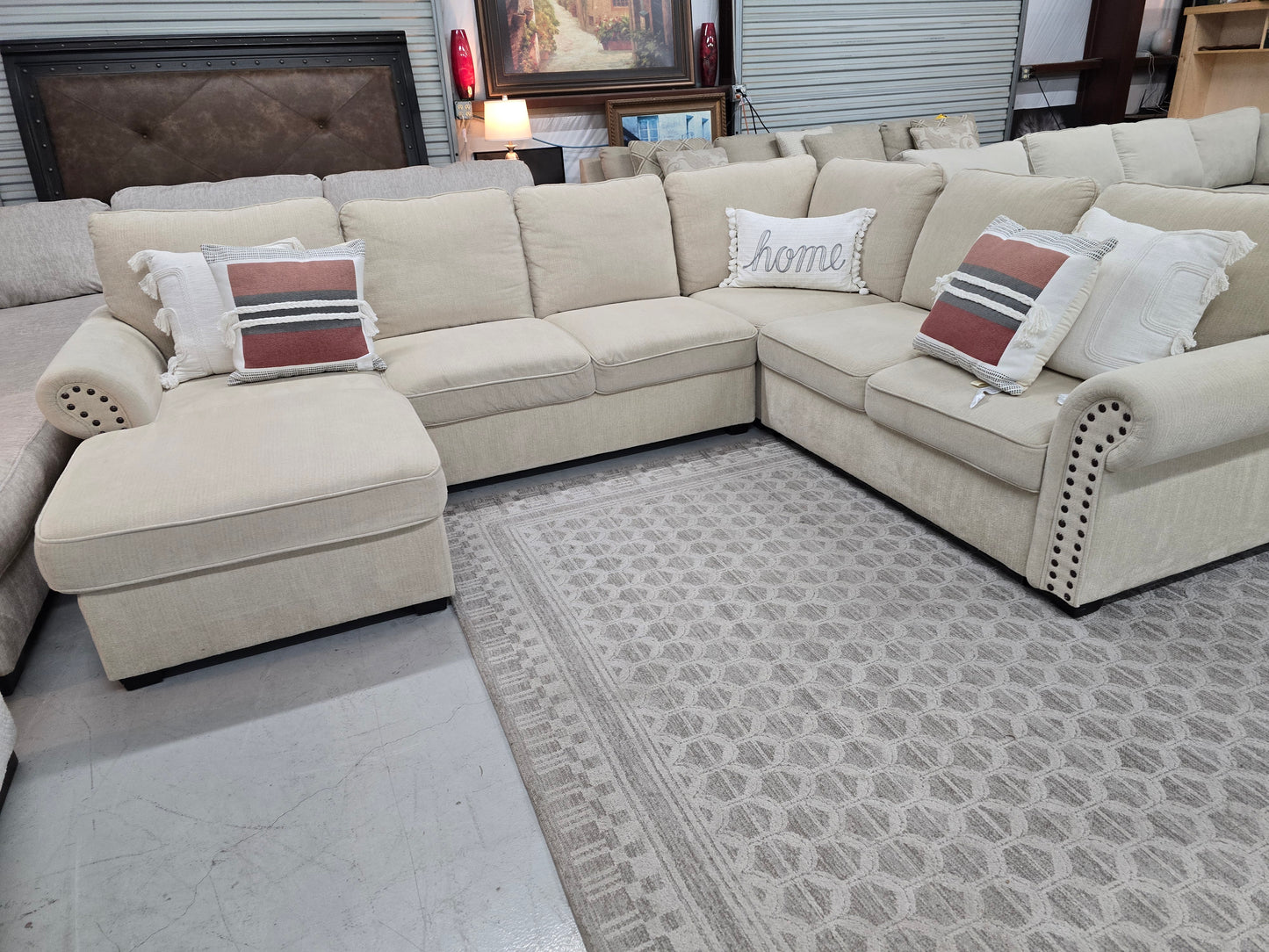 Beige U-Shaped Sleeper Sectional with Storage Chaise