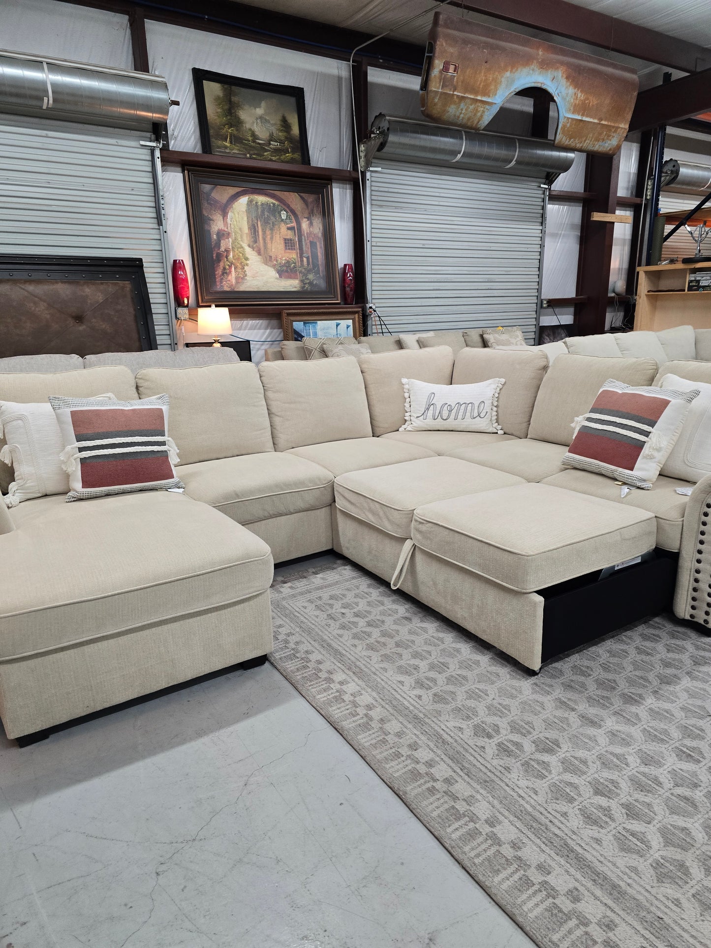 Beige U-Shaped Sleeper Sectional with Storage Chaise