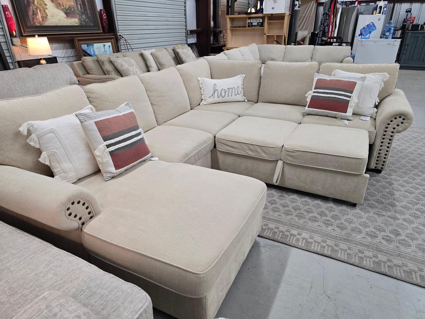 Beige U-Shaped Sleeper Sectional with Storage Chaise