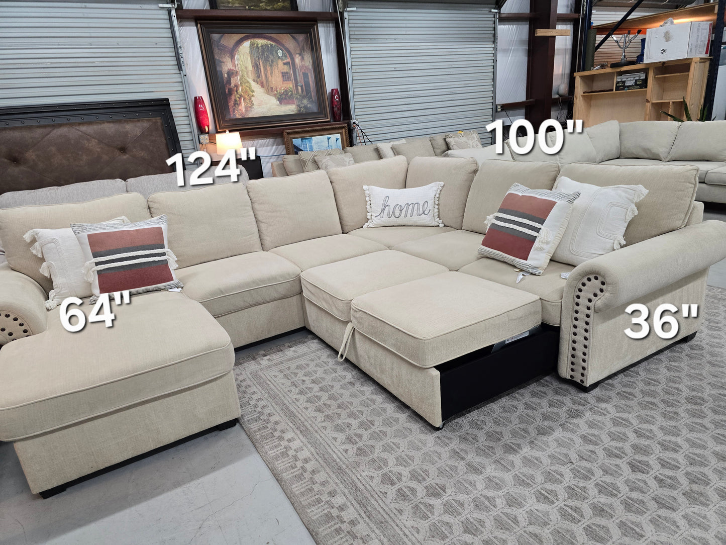 Beige U-Shaped Sleeper Sectional with Storage Chaise