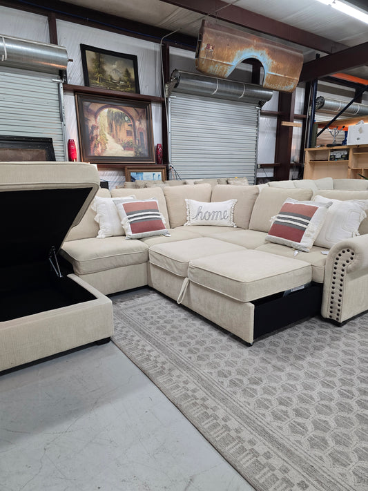 Beige U-Shaped Sleeper Sectional with Storage Chaise