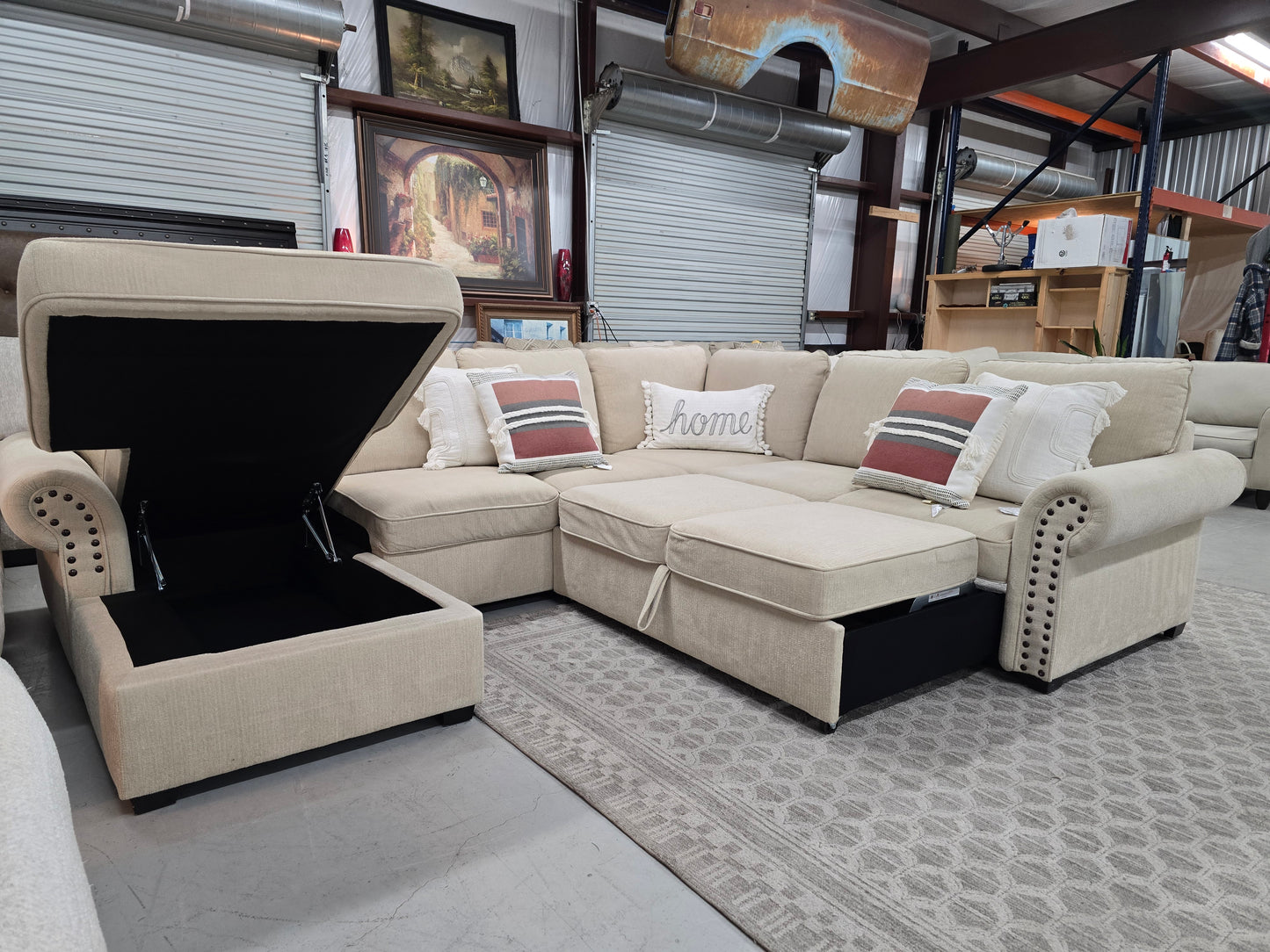 Beige U-Shaped Sleeper Sectional with Storage Chaise