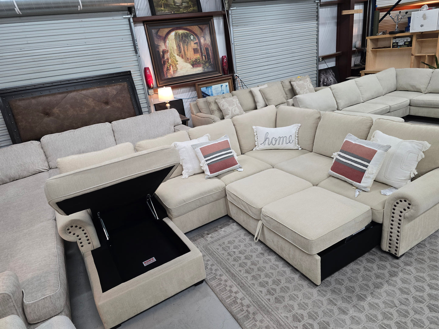 Beige U-Shaped Sleeper Sectional with Storage Chaise