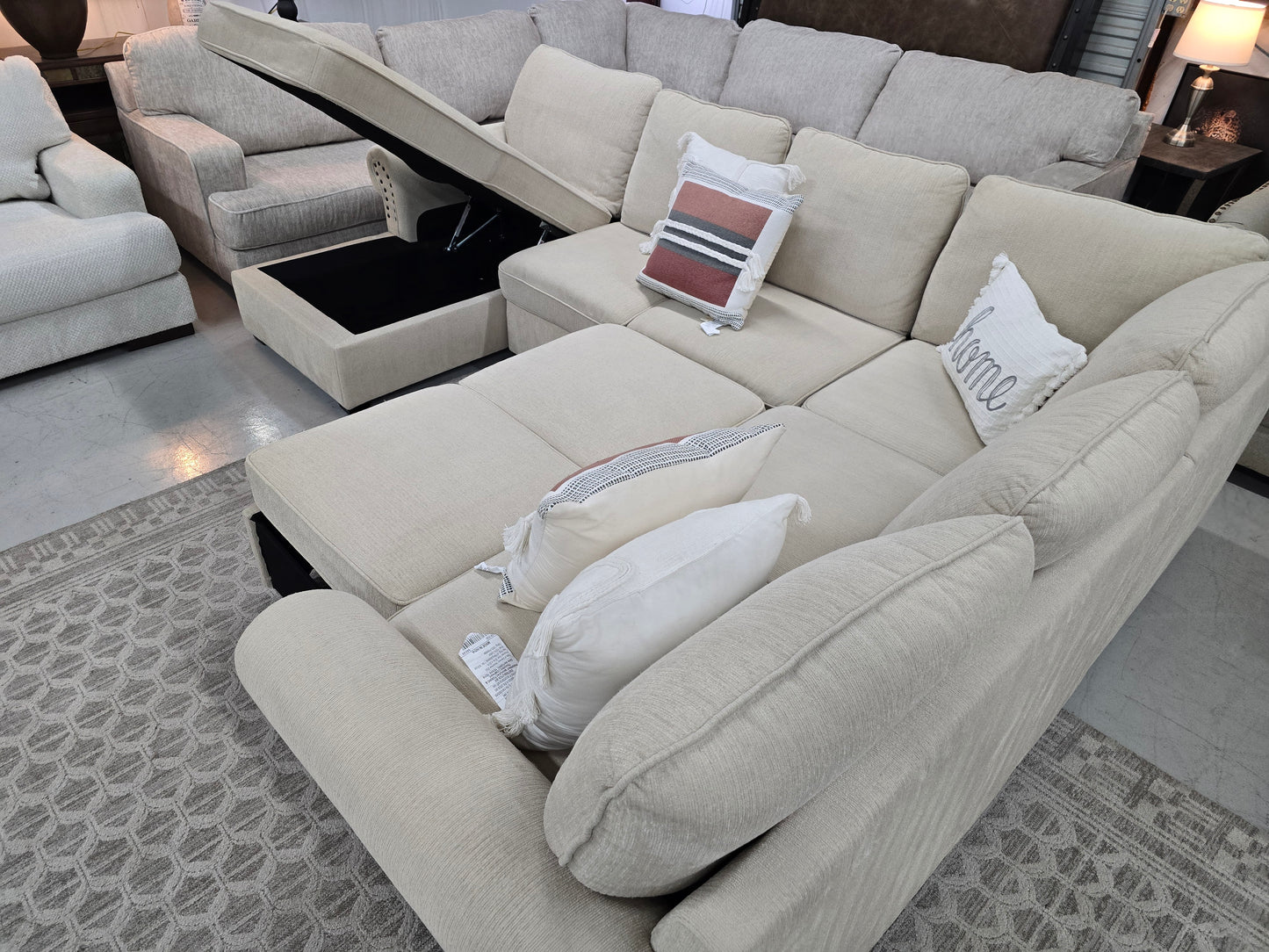Beige U-Shaped Sleeper Sectional with Storage Chaise