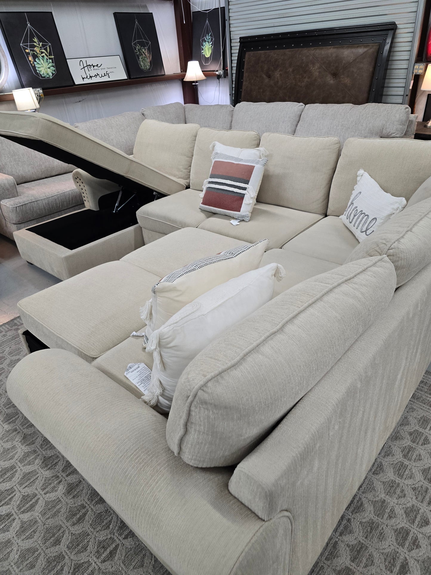 Beige U-Shaped Sleeper Sectional with Storage Chaise