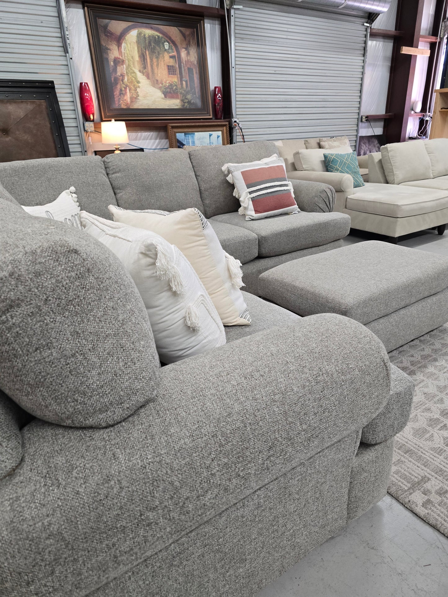 Gray L-Shaped Sectional Couch with Ottoman