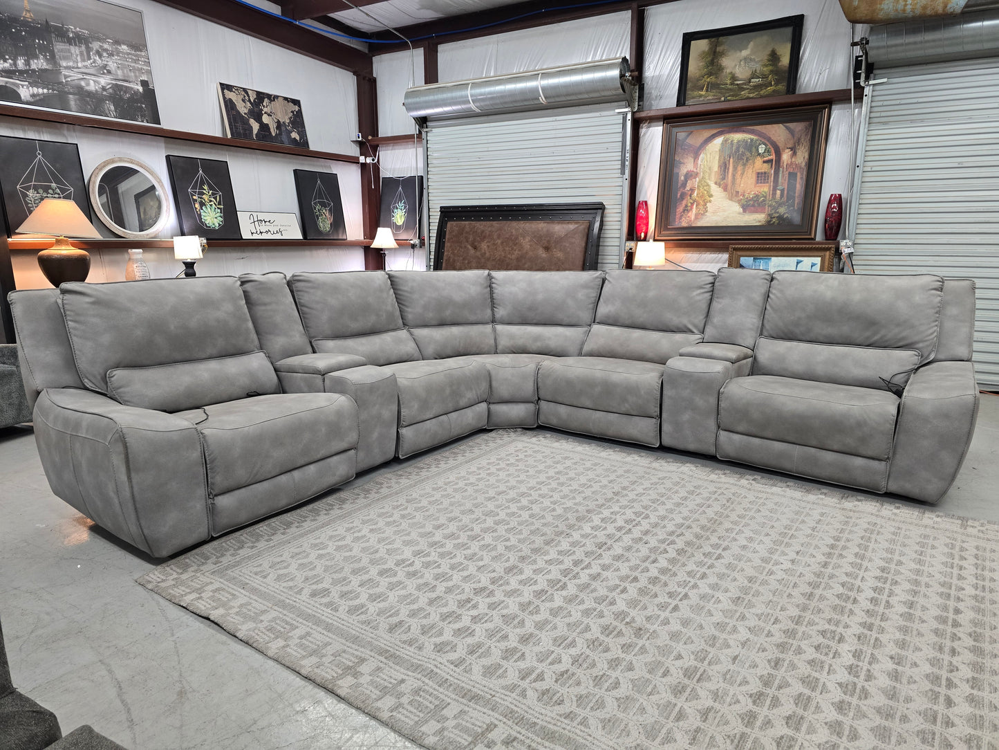 7-Piece Power Reclining Gray Leather Sectional with Power Headrests & Consoles