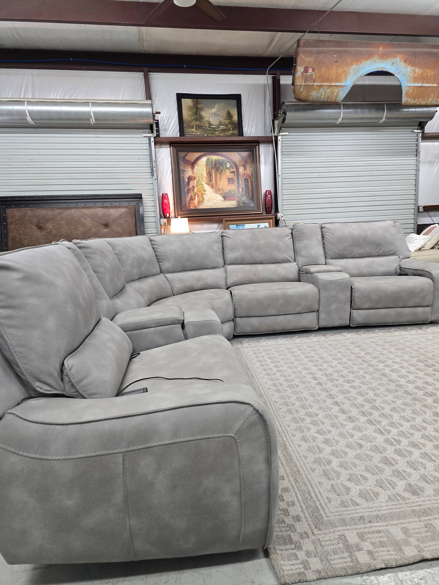 7-Piece Power Reclining Gray Leather Sectional with Power Headrests & Consoles