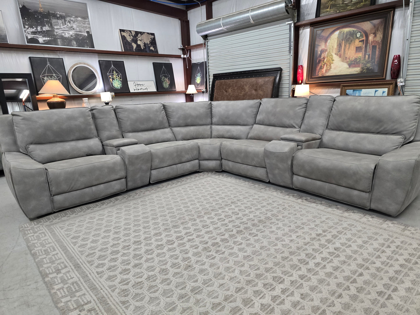 7-Piece Power Reclining Gray Leather Sectional with Power Headrests & Consoles