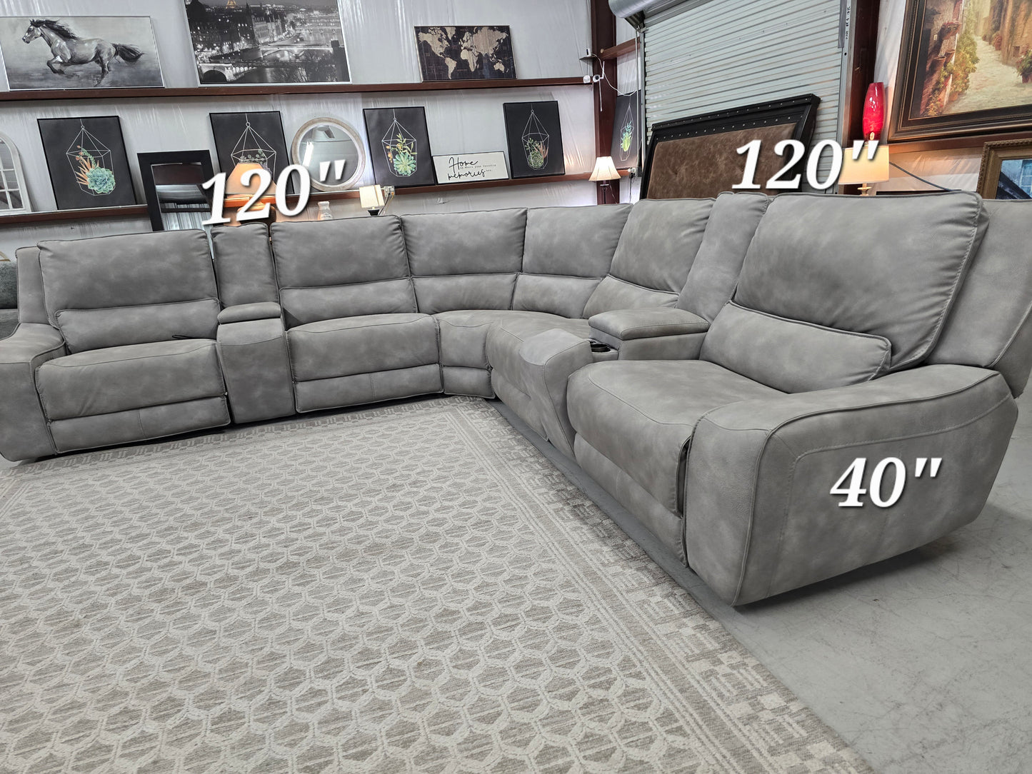 7-Piece Power Reclining Gray Leather Sectional with Power Headrests & Consoles