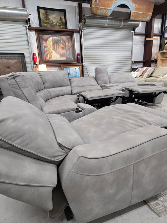 7-Piece Power Reclining Gray Leather Sectional with Power Headrests & Consoles