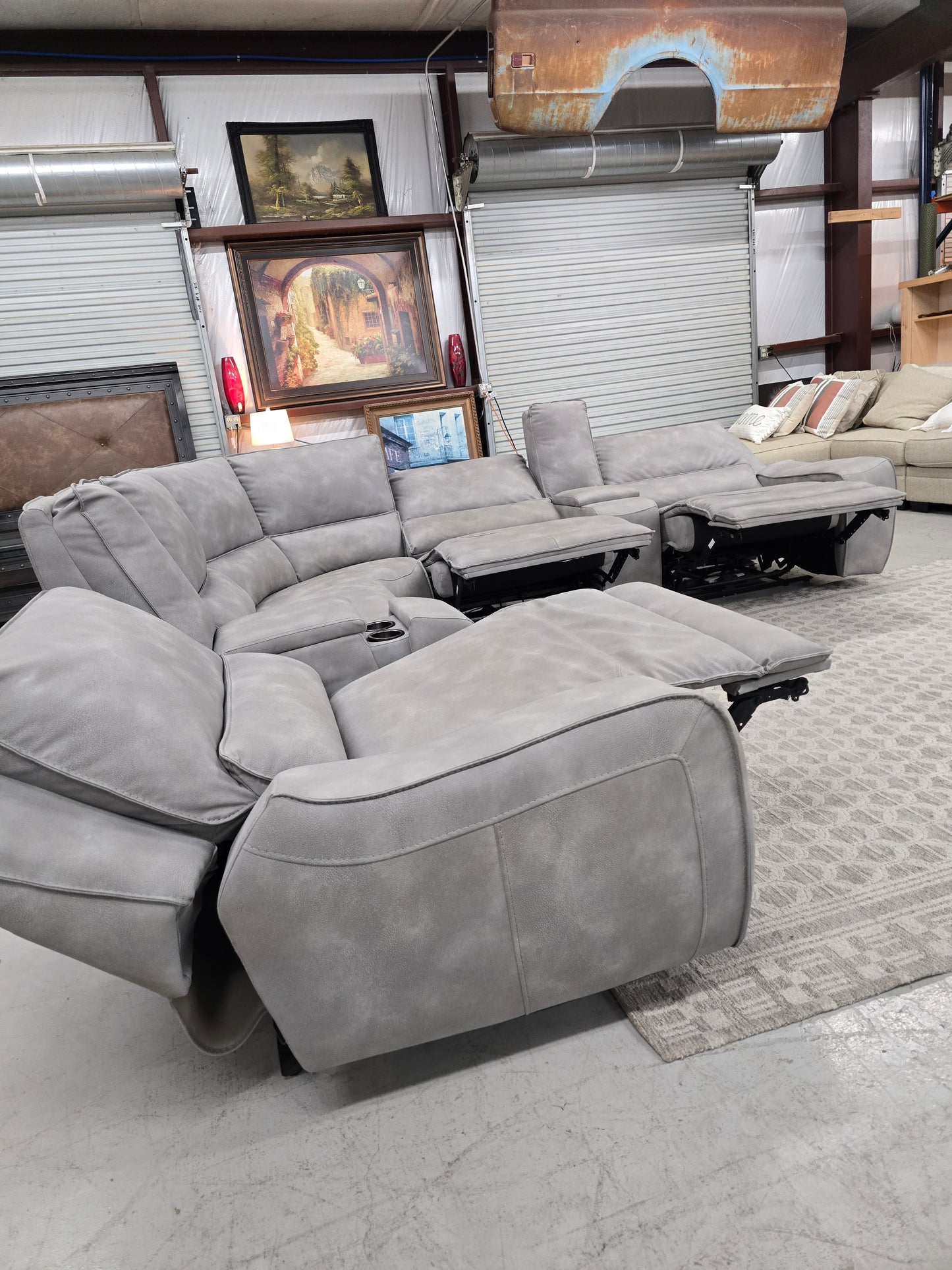 7-Piece Power Reclining Gray Leather Sectional with Power Headrests & Consoles