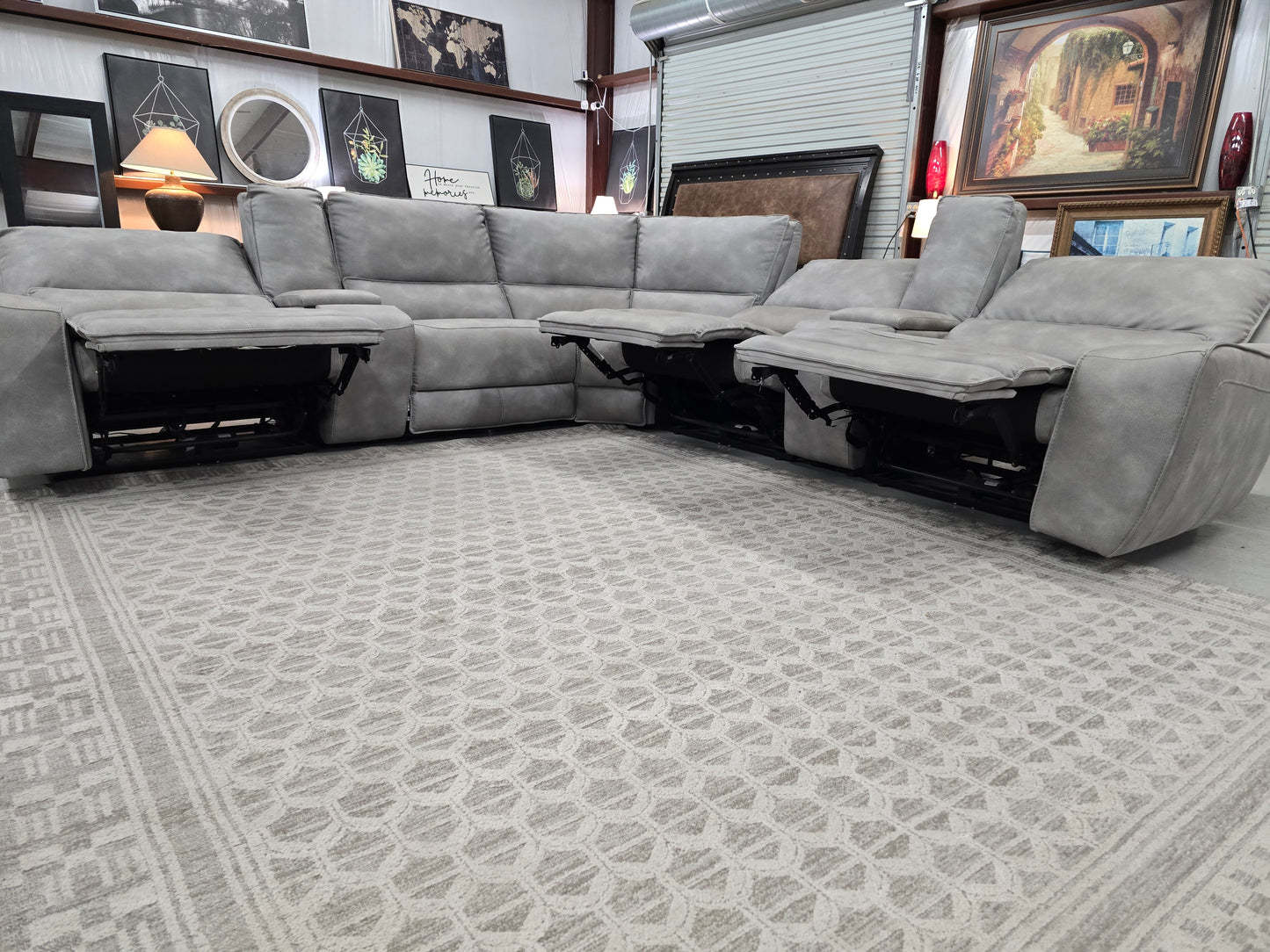 7-Piece Power Reclining Gray Leather Sectional with Power Headrests & Consoles