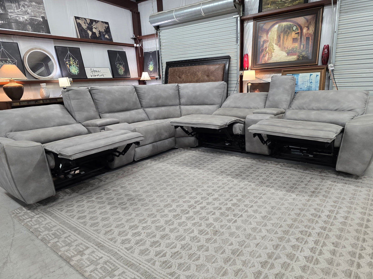 7-Piece Power Reclining Gray Leather Sectional with Power Headrests & Consoles