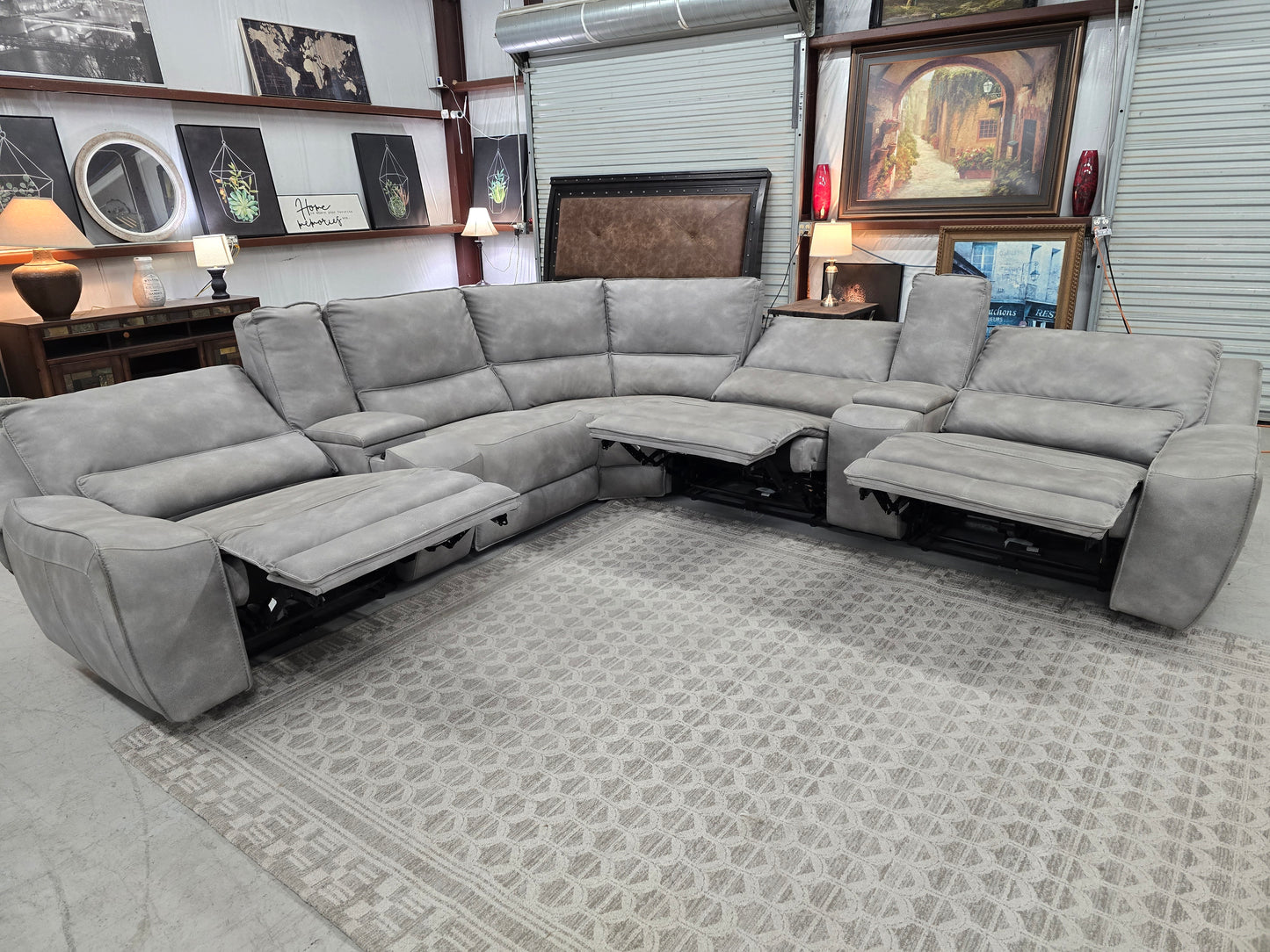 7-Piece Power Reclining Gray Leather Sectional with Power Headrests & Consoles