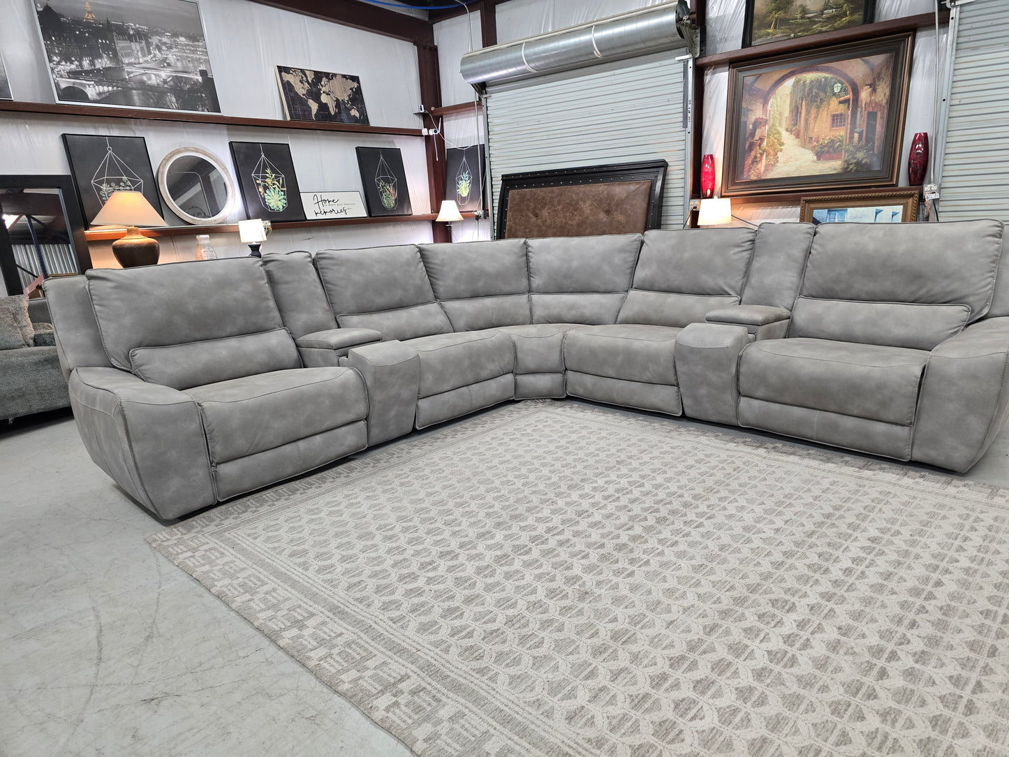 7-Piece Power Reclining Gray Leather Sectional with Power Headrests & Consoles
