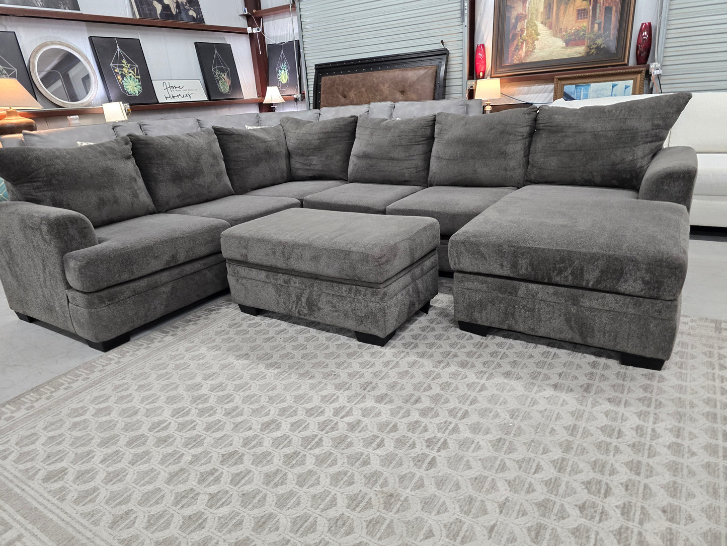 Gray U-Shaped Sectional Couch with Storage Ottoman