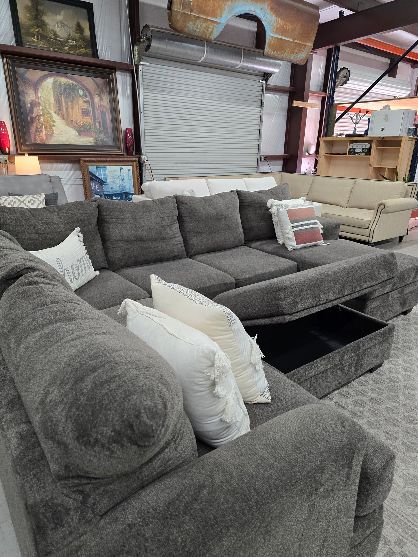 Gray U-Shaped Sectional Couch with Storage Ottoman