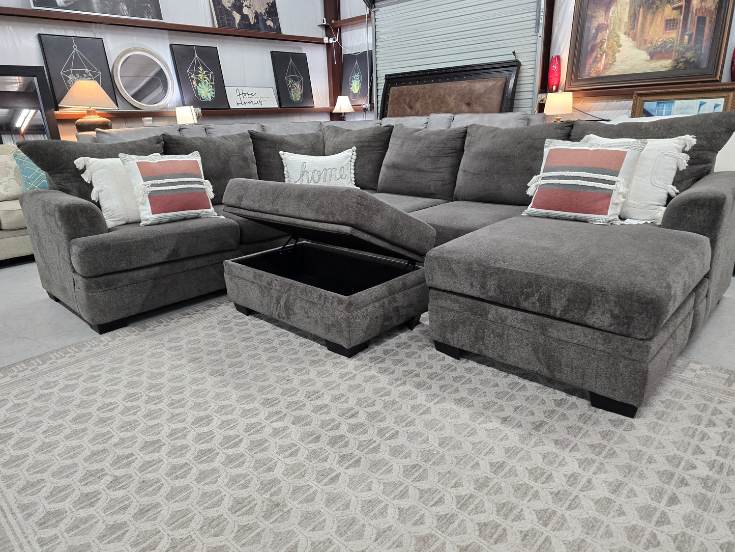 Gray U-Shaped Sectional Couch with Storage Ottoman