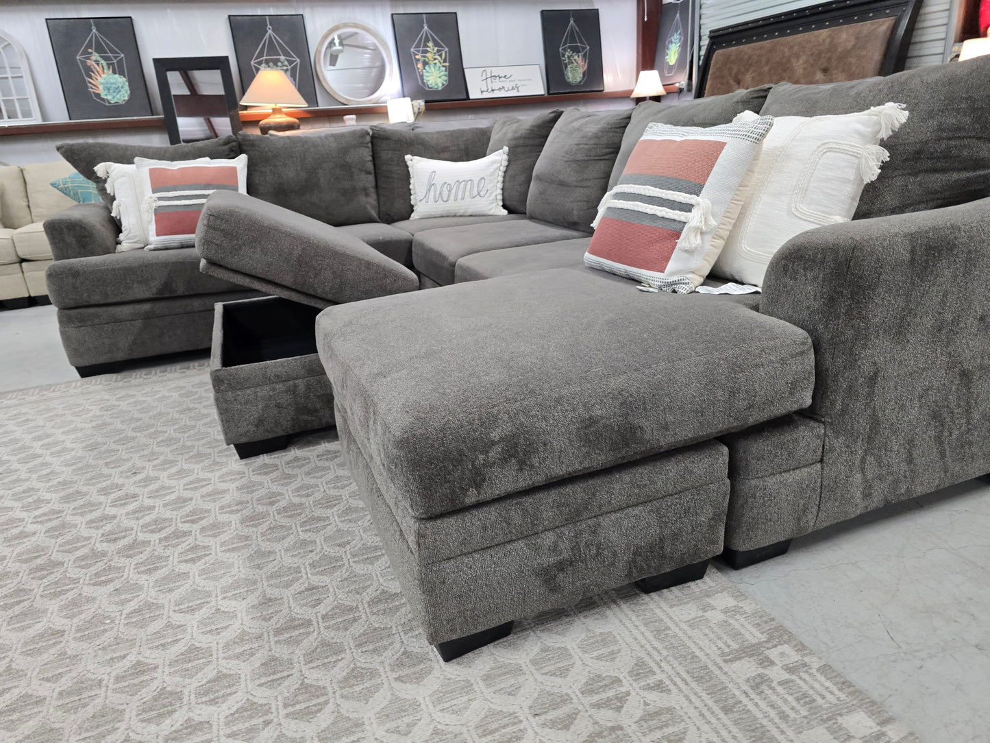 Gray U-Shaped Sectional Couch with Storage Ottoman
