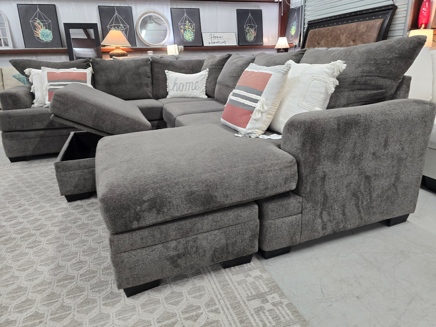 Gray U-Shaped Sectional Couch with Storage Ottoman