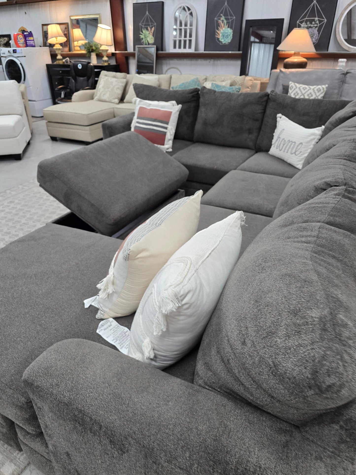 Gray U-Shaped Sectional Couch with Storage Ottoman