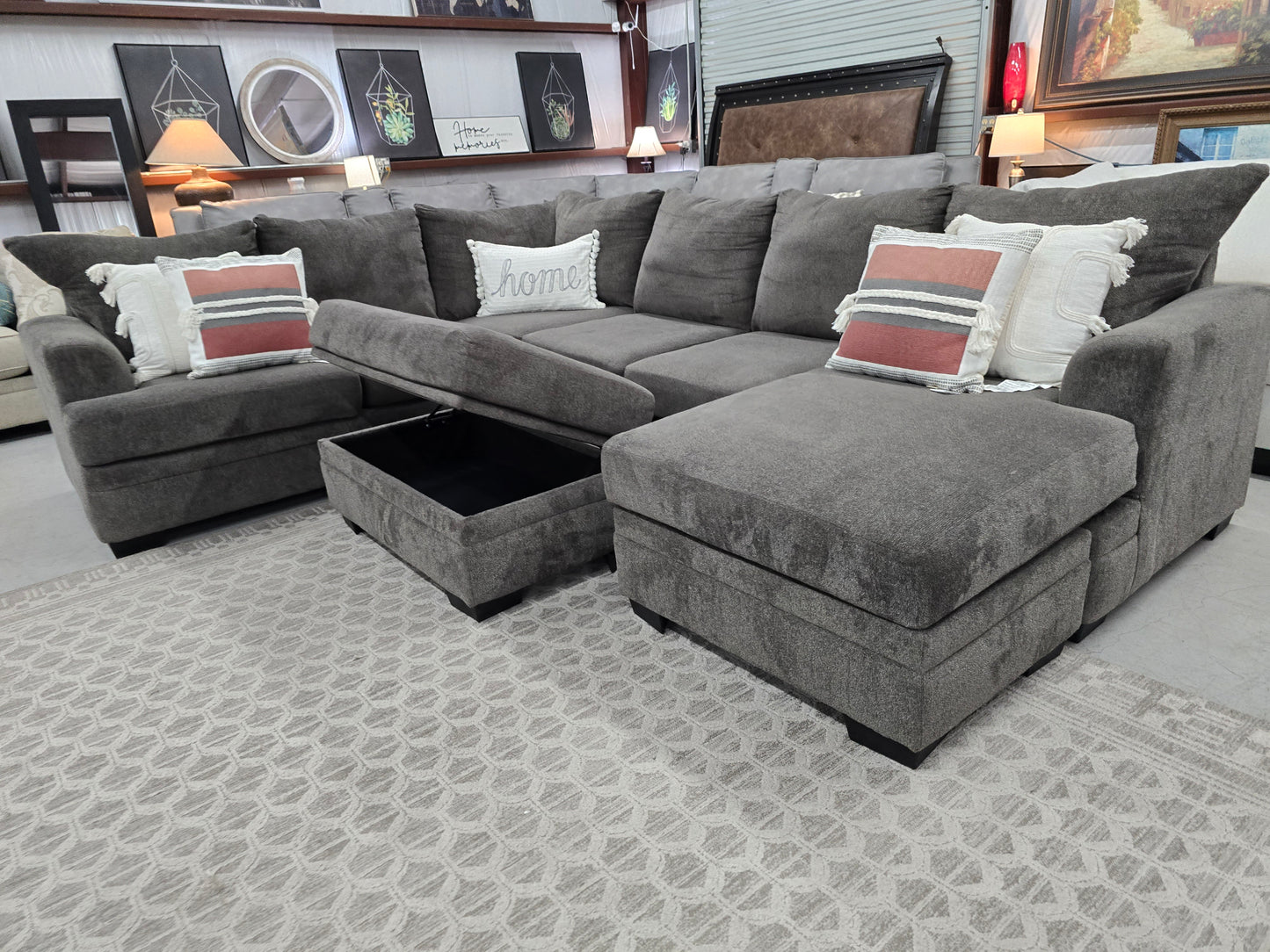 Gray U-Shaped Sectional Couch with Storage Ottoman