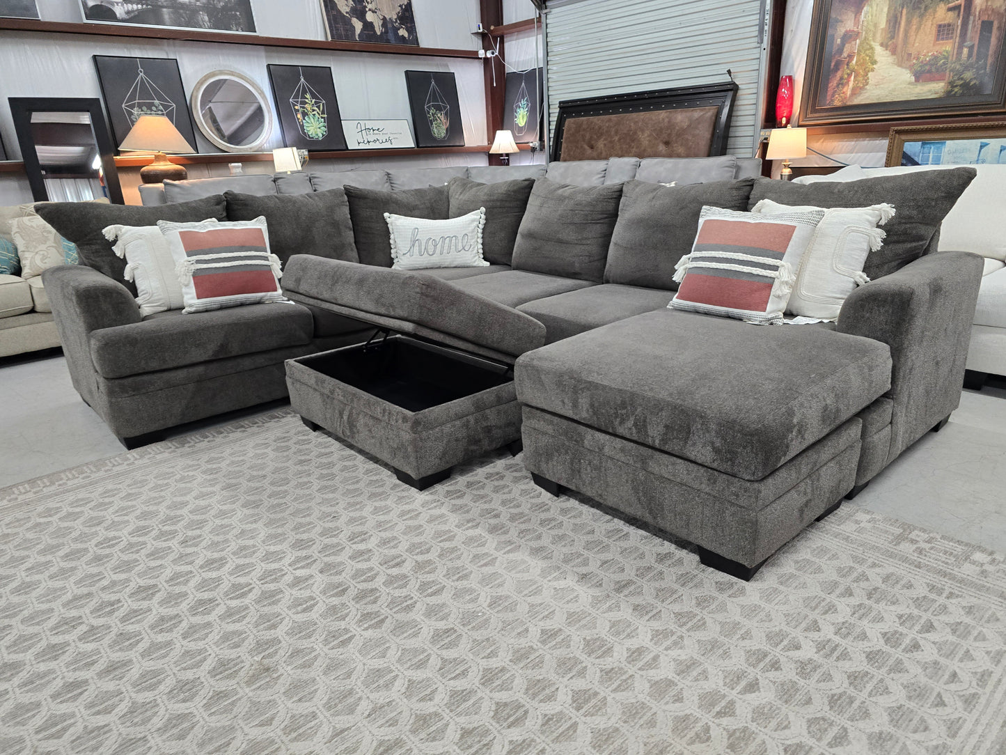 Gray U-Shaped Sectional Couch with Storage Ottoman