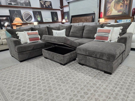 Gray U-Shaped Sectional Couch with Storage Ottoman