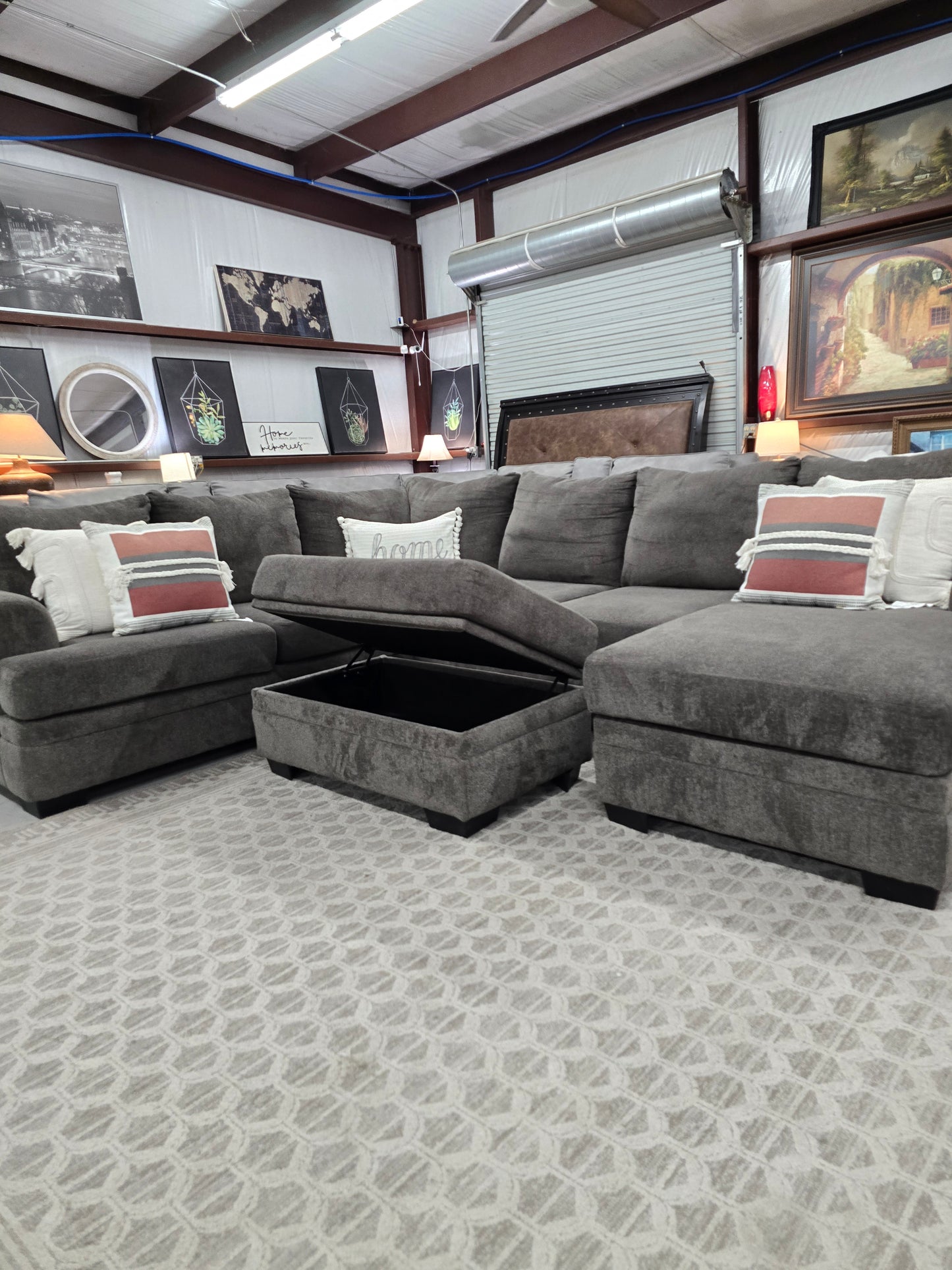 Gray U-Shaped Sectional Couch with Storage Ottoman