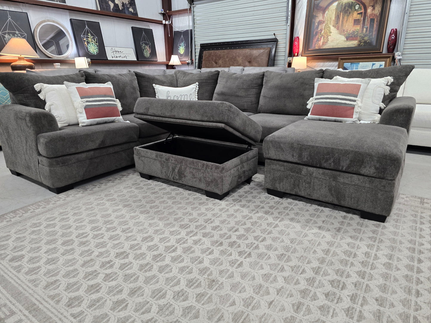 Gray U-Shaped Sectional Couch with Storage Ottoman