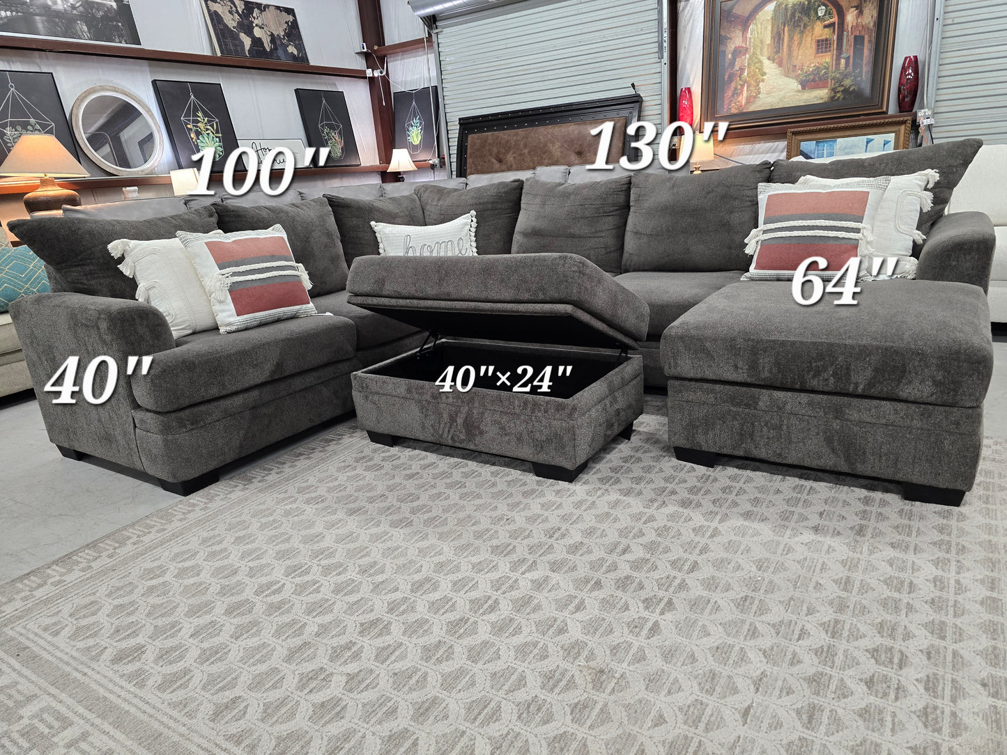 Gray U-Shaped Sectional Couch with Storage Ottoman