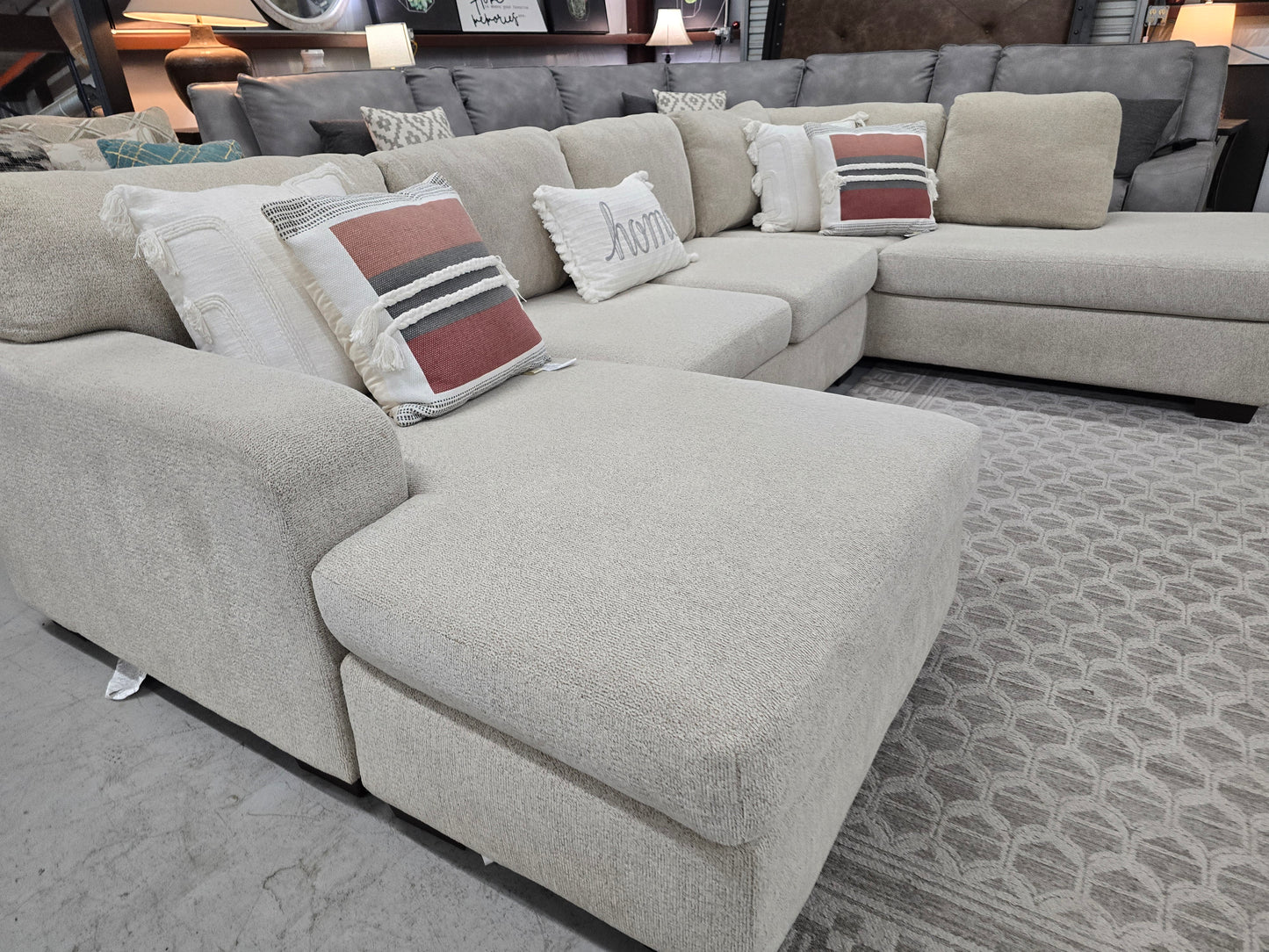 Beige U-Shaped Sectional Couch with Double Chaise Lounges